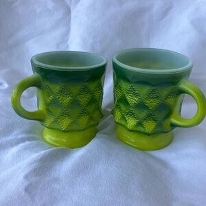 Fire King Green Kimberly Diamond PointMugs- Set of 2